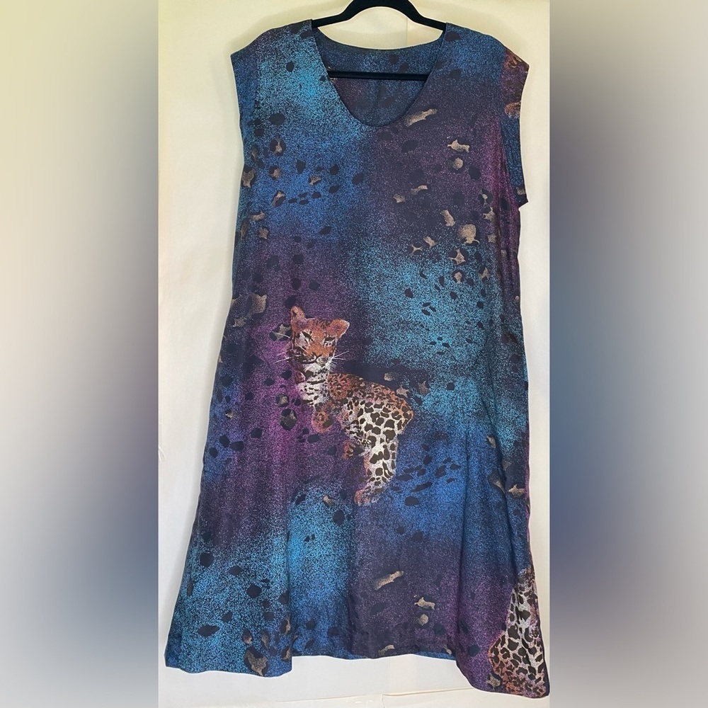 Leopard Print Short Sleeve Midi Shift Dress with Pockets Sz XL